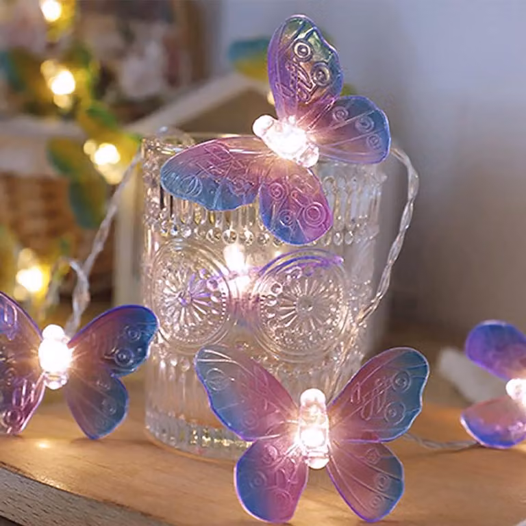 Catena luminosa a LED a forma di farfalla, 20 luci, lunghezza 3 metri, alimentazione a batteria, luce bianco caldo