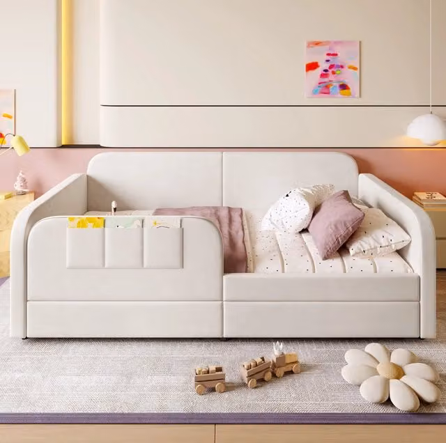 Letto singolo imbottito ULEVR 90x200 cm con 2 cassetti e tasche laterali, velluto bianco