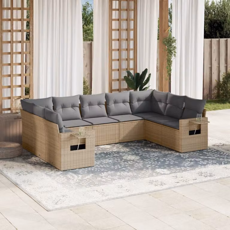 vidaXL Set Divano da Giardino a L 9 pz con Cuscini Beige e Grigio in Polyrattan e Acciaio