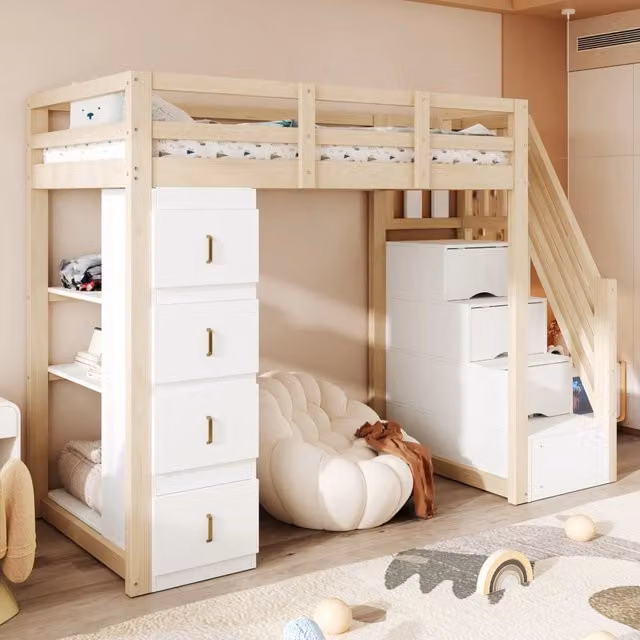 Letto a soppalco 90x200 cm con 4 cassetti; scaffale e scala di sicurezza in legno colore naturale