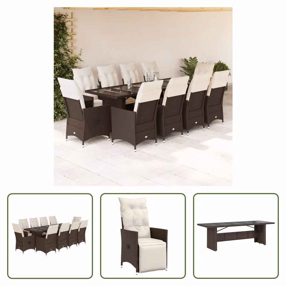 The Living Store Set bistrot da giardino 11 pezzi con cuscini in poly rattan marrone