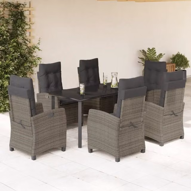 Set da pranzo da giardino vidaXL in polyrattan grigio e nero con tavolo in vetro, 7 pezzi