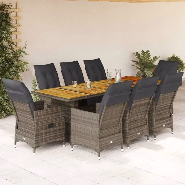 Set da giardino vidaXL 9 pezzi in polyrattan grigio con tavolo in legno di acacia oliato