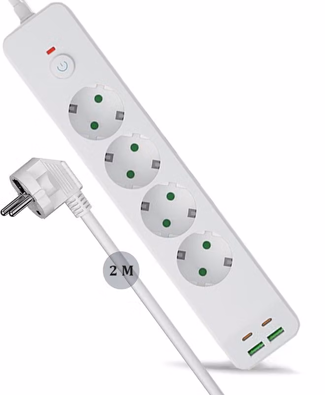 ZELURXX Adattatore multiplo a 4 prese con interruttore, 2 USB e 2 USB-C, ciabatta, 2 m, sicurezza bambini, per smartphone e laptop, bianco