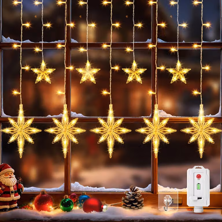 Tenda luminosa a 9 stelle, con connessione USB-C, luce bianco caldo, 116 LED, lunghezza 1,6 metri
