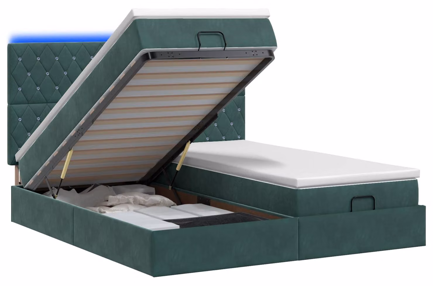 Panca-letto con materasso e illuminazione LED, verde scuro, 180 x 200 cm, rivestita in velluto