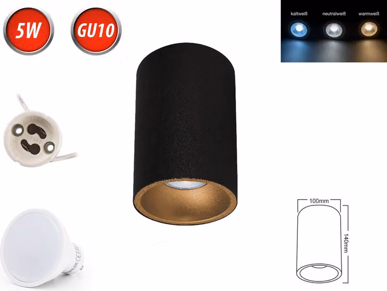 Plafoniera BETA-SR lampada faretto da superficie Ø100mm faretto da superficie con lampadina LED GU10 5W bianco caldo rotonda nero/oro