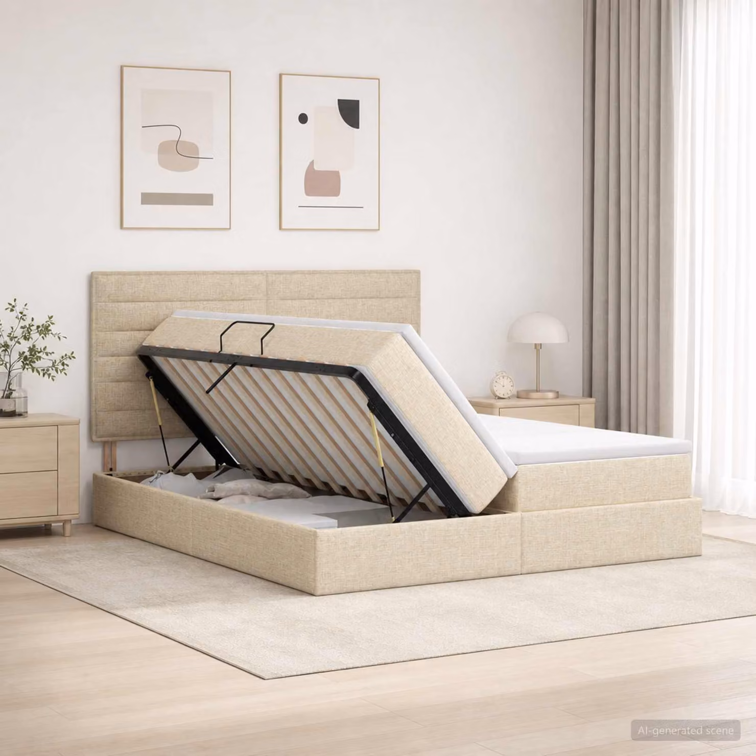 Letto con contenitore e testiera vidaXL in tessuto beige con base lift-up L/P/H: 180 x 200 x 140 cm