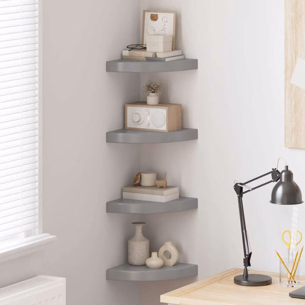 vidaXL Scaffali Angolari a Parete 4 pz Grigio Lucido 25x25x3,8 cm MDF