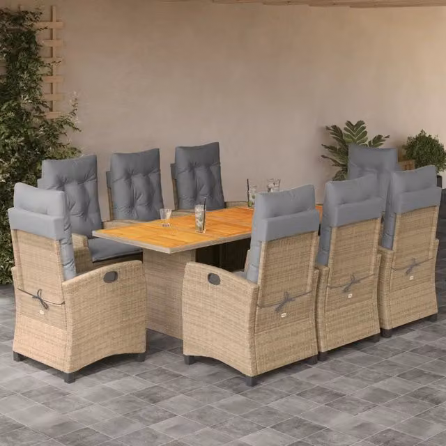 Set da pranzo da giardino vidaXL in legno di acacia e polyrattan con 9 pezzi e cuscini beige e grigi