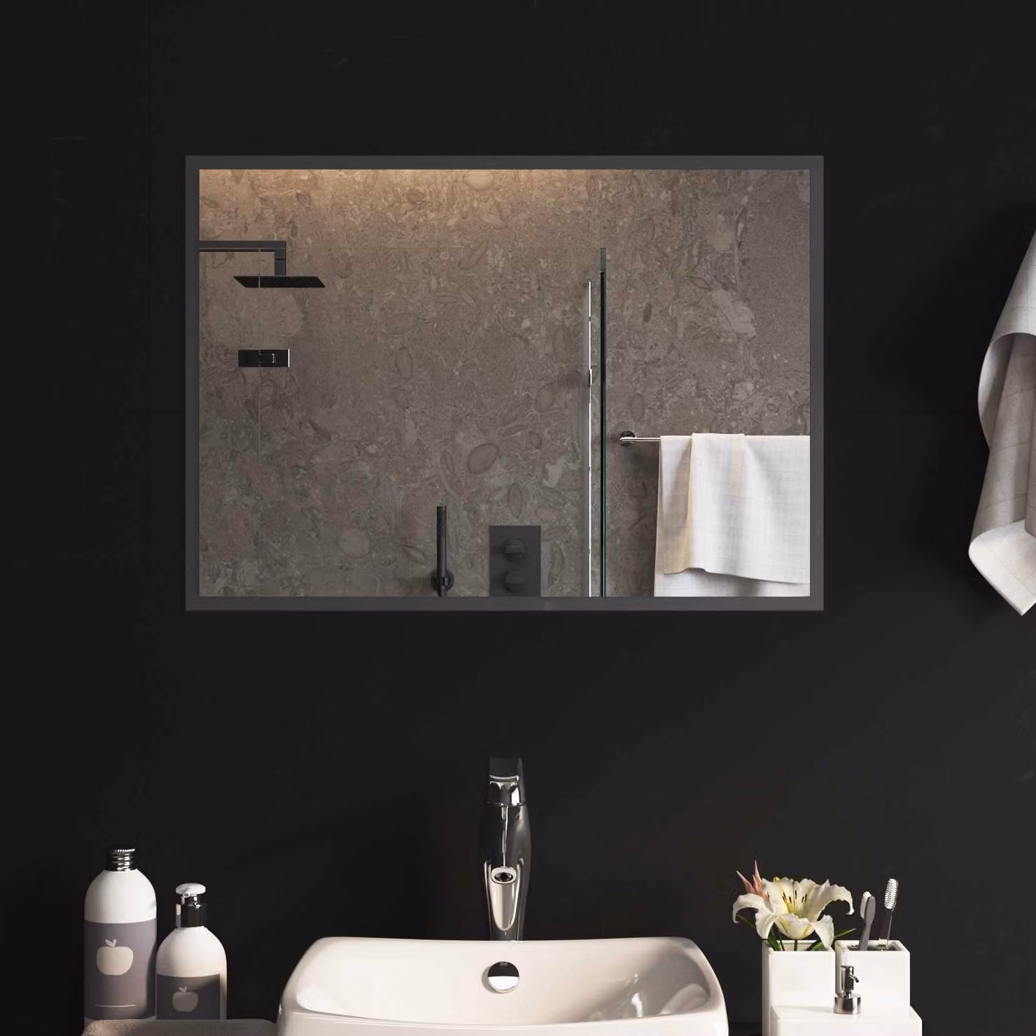 Specchio da bagno moderno vidaXL con luce LED in vetro temperato trasparente, L: 70 cm, H: 50 cm