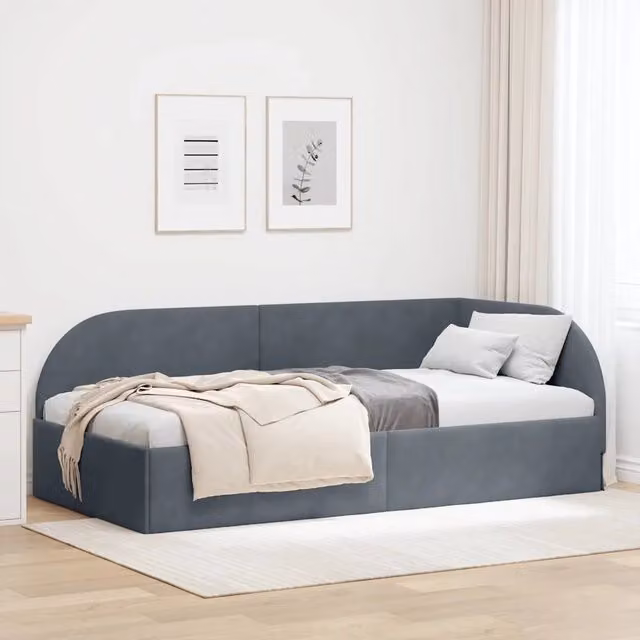 Letto ad angolo vidaXL in velluto grigio con struttura in legno e doghe, L/P/H: 90 x 190 x 94 cm