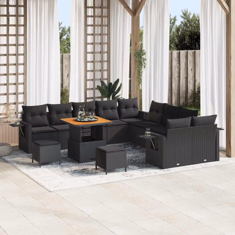 Set Divano da Giardino a L vidaXL 13 pz Nero con Cuscini e Tavolino in Polyrattan e Acciaio