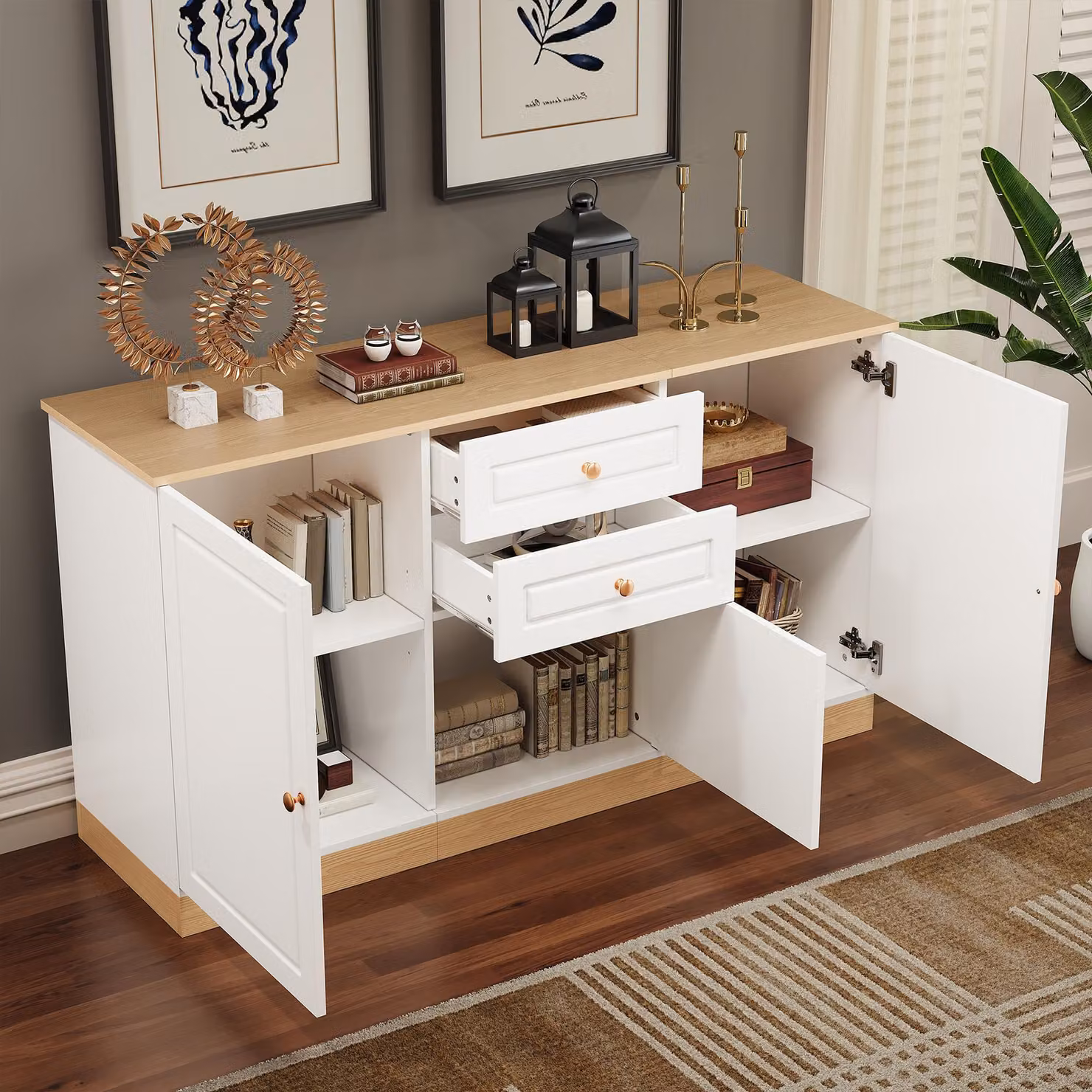 MODFU, armadio da cucina con cassetti, mobile contenitore con tre ante, mobile multifunzionale con spazio di stoccaggio, bianco
