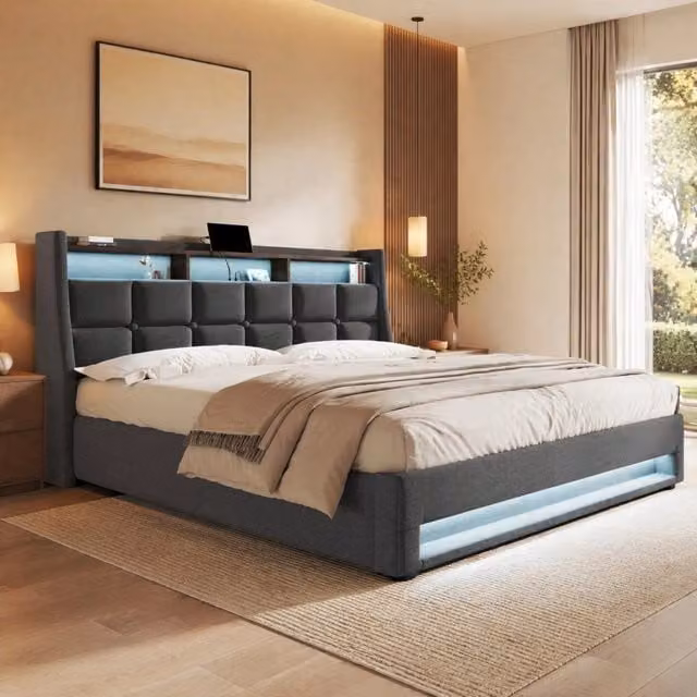 Letto imbottito 160x200 cm con USB e illuminazione LED, struttura in lino, rete a doghe in metallo, senza materasso