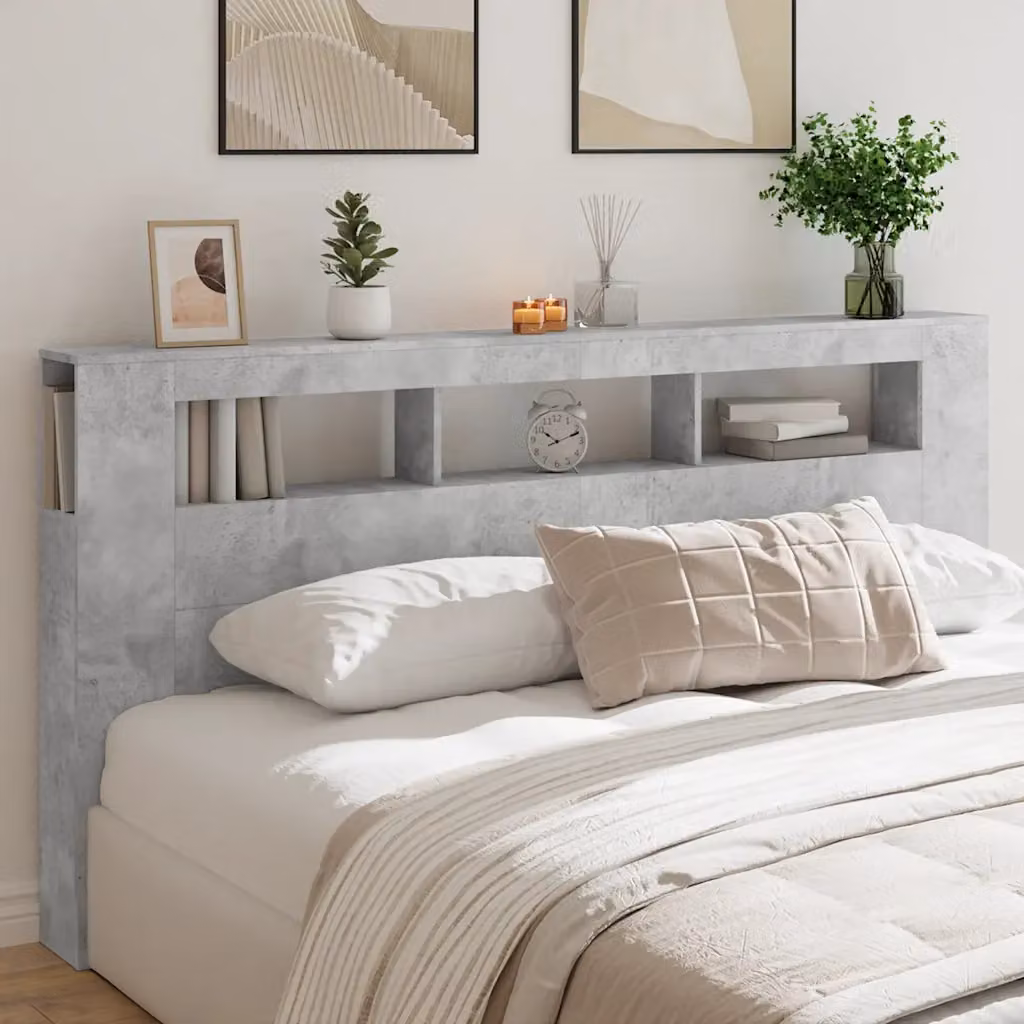 Testiera per letto con LED e porta USB vidaXL in legno multistrato, Grigio Cemento, L: 200 cm, P: 18,5 cm, H: 103,5 cm