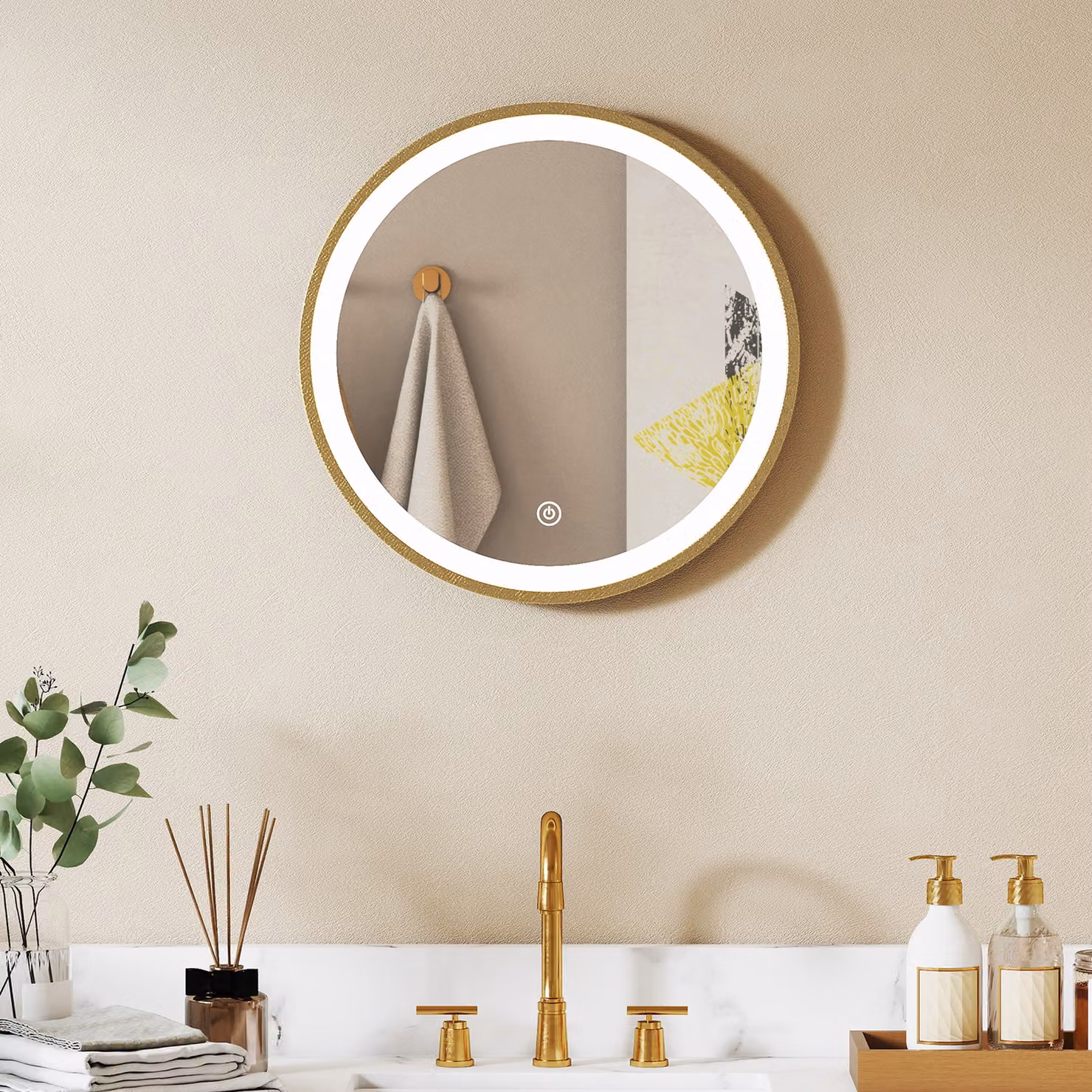 Specchio da bagno rotondo HOMCOM con luce LED dimmerabile e 3 colori, Dorato, Diametro: 40 cm – 2