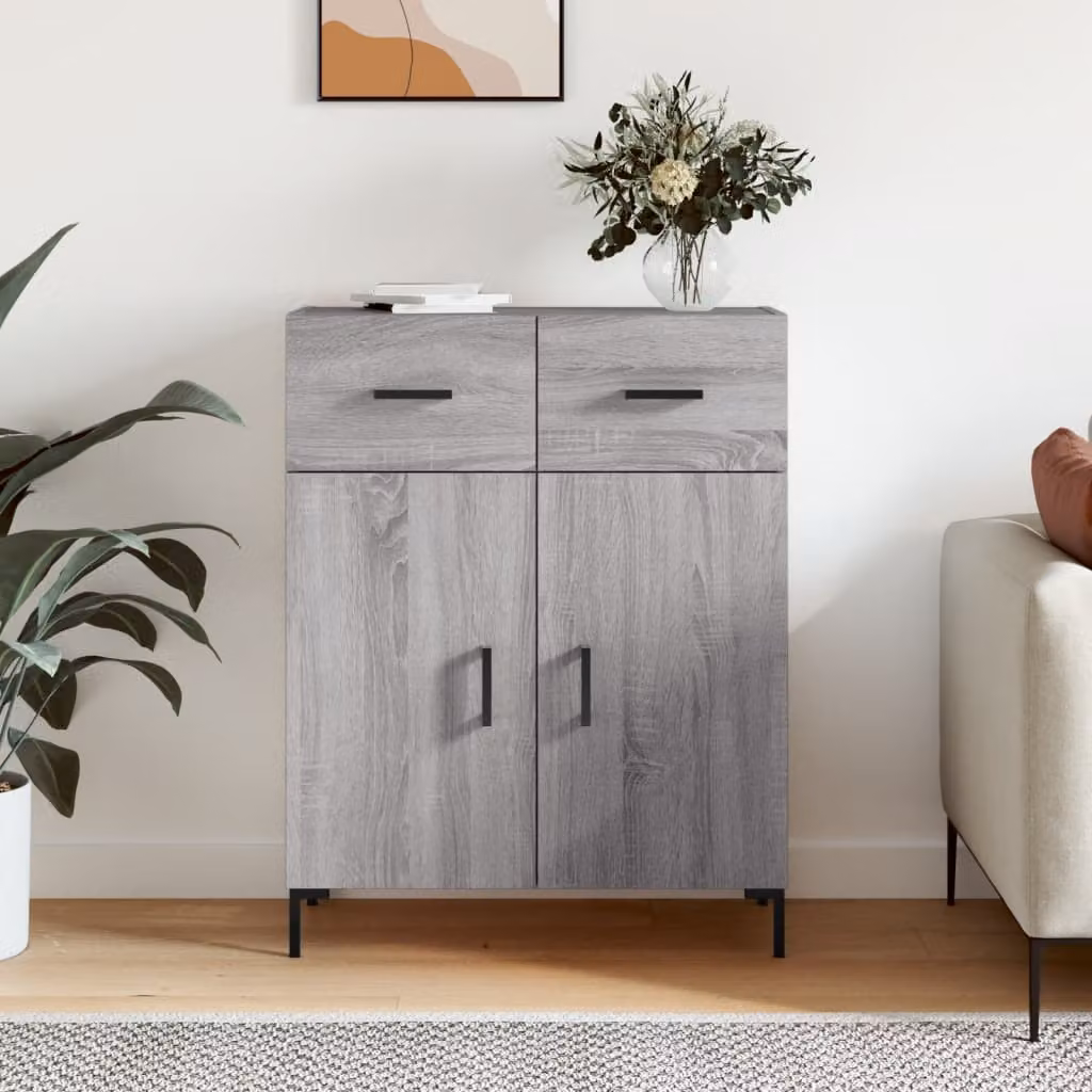 Credenza moderna vidaXL in legno multistrato e metallo, Grigio Sonoma, L: 69,5 cm, P: 34 cm, H: 90 cm