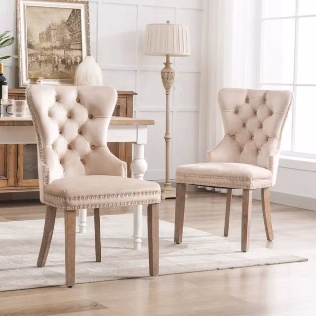 Set di 2 sedie da pranzo in velluto beige con gambe in legno regolabili e anello posteriore decorativo