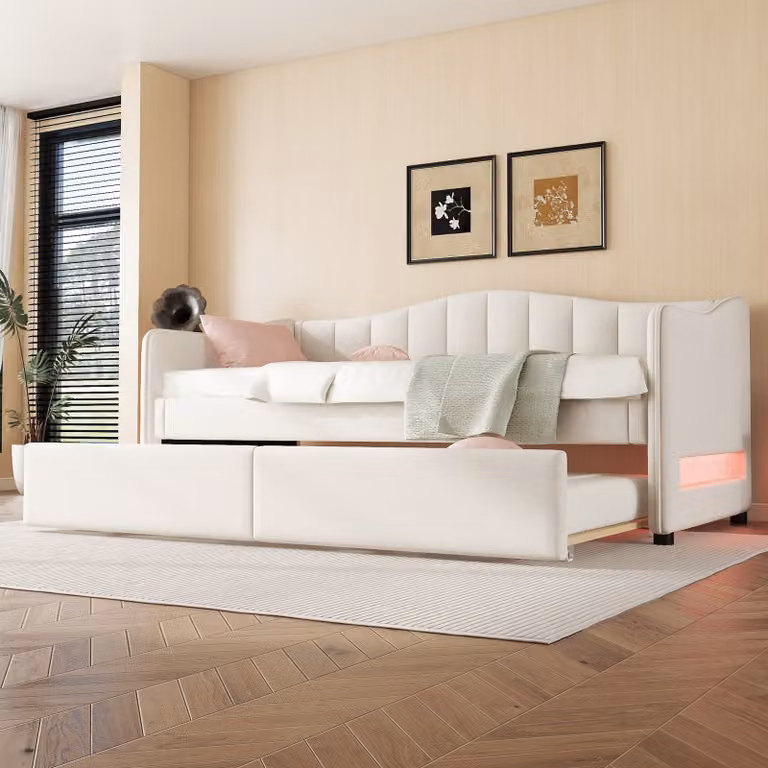 Letto imbottito Flieks 90x200cm con letto estraibile, divano letto da giorno con LED, divano letto funzionale letto per giovani letto per ospiti, biancheria, beige