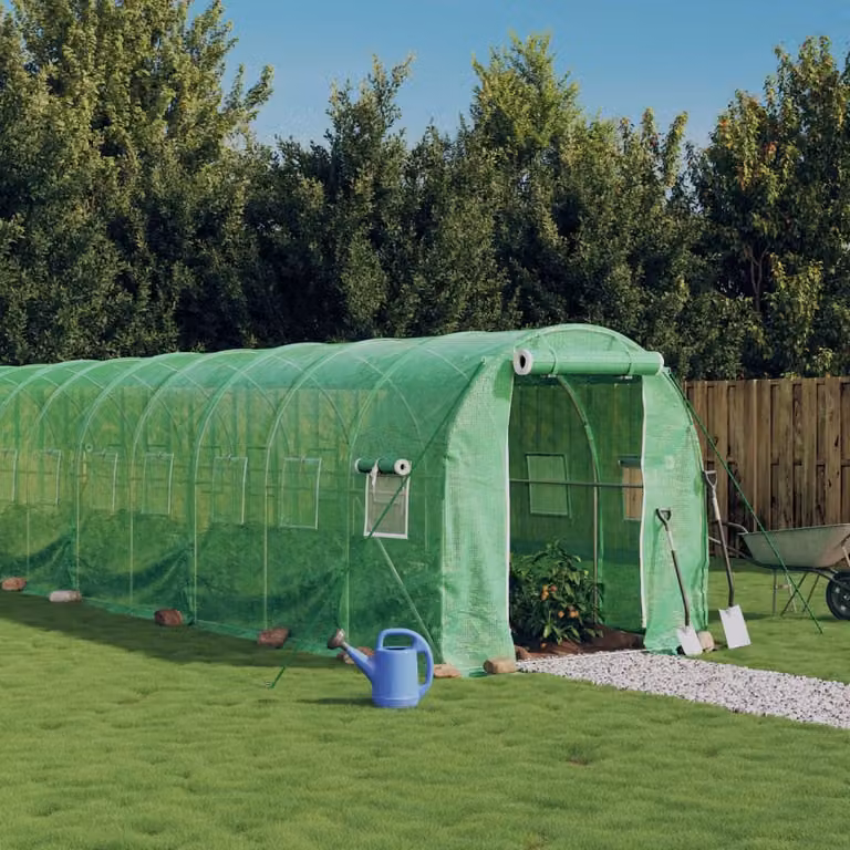 Serra vidaXL con telaio in acciaio galvanizzato verde e copertura in policarbonato, L: 14 m, P: 2 m, H: 2 m