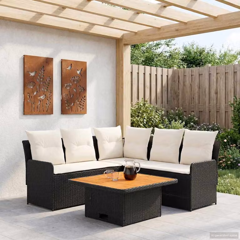Set di mobili da giardino vidaXL a forma di L con poltrone lounge, elemento angolare e tavolino da caffè, in rattan con struttura in acciaio nero e cuscini beige e neri