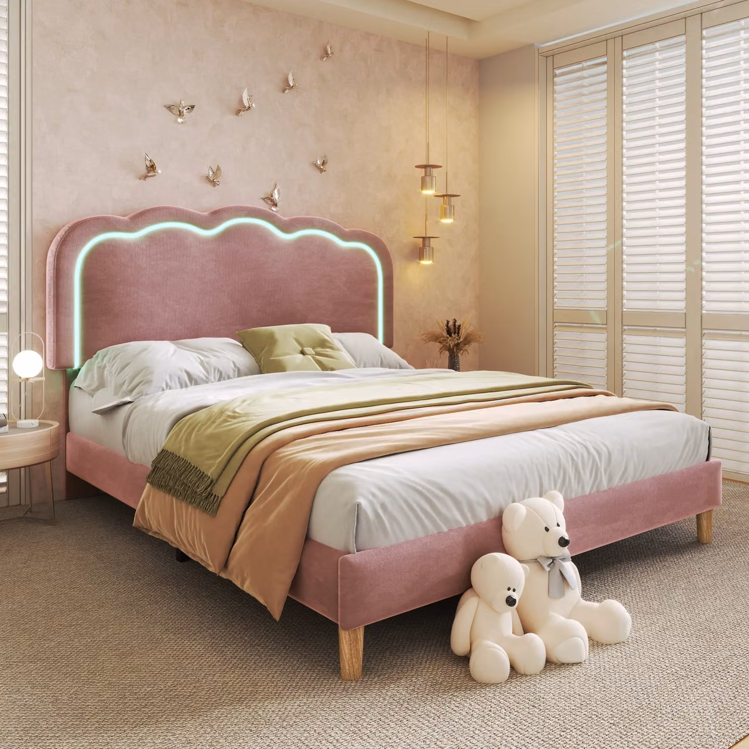 Letto imbottito Flieks 140x200cm con rete a doghe, letto per ragazzi letto per bambini con rete a doghe, letto matrimoniale letto classico in legno, velluto, rosa
