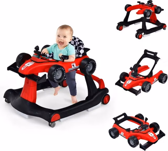 Deambulatore 4 in 1 per bambini con altezza e velocità regolabili, carillon con luci, colore rosso – 1