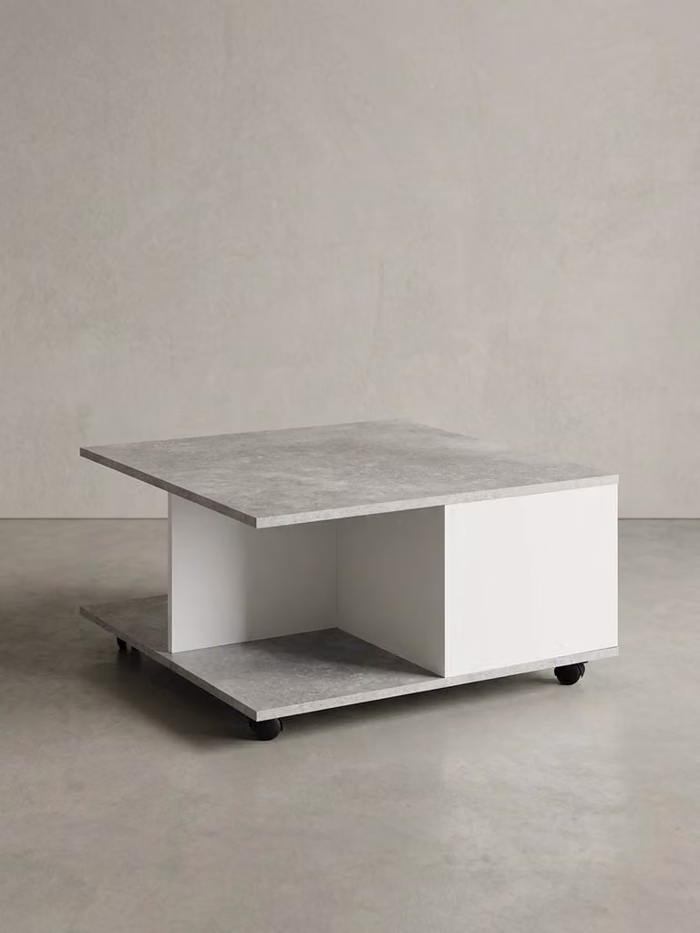 Tavolino design 70x70 cm grigio cemento / bianco, tavolino da salotto con 2 cassetti, tavolino da divano con rotelle, tavolino con 2 scomparti