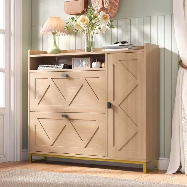 Mobile portascarpe con 4 ante a ribalta, nicchia aperta e struttura in metallo per ingresso, naturale, 110 × 24 × 100 cm