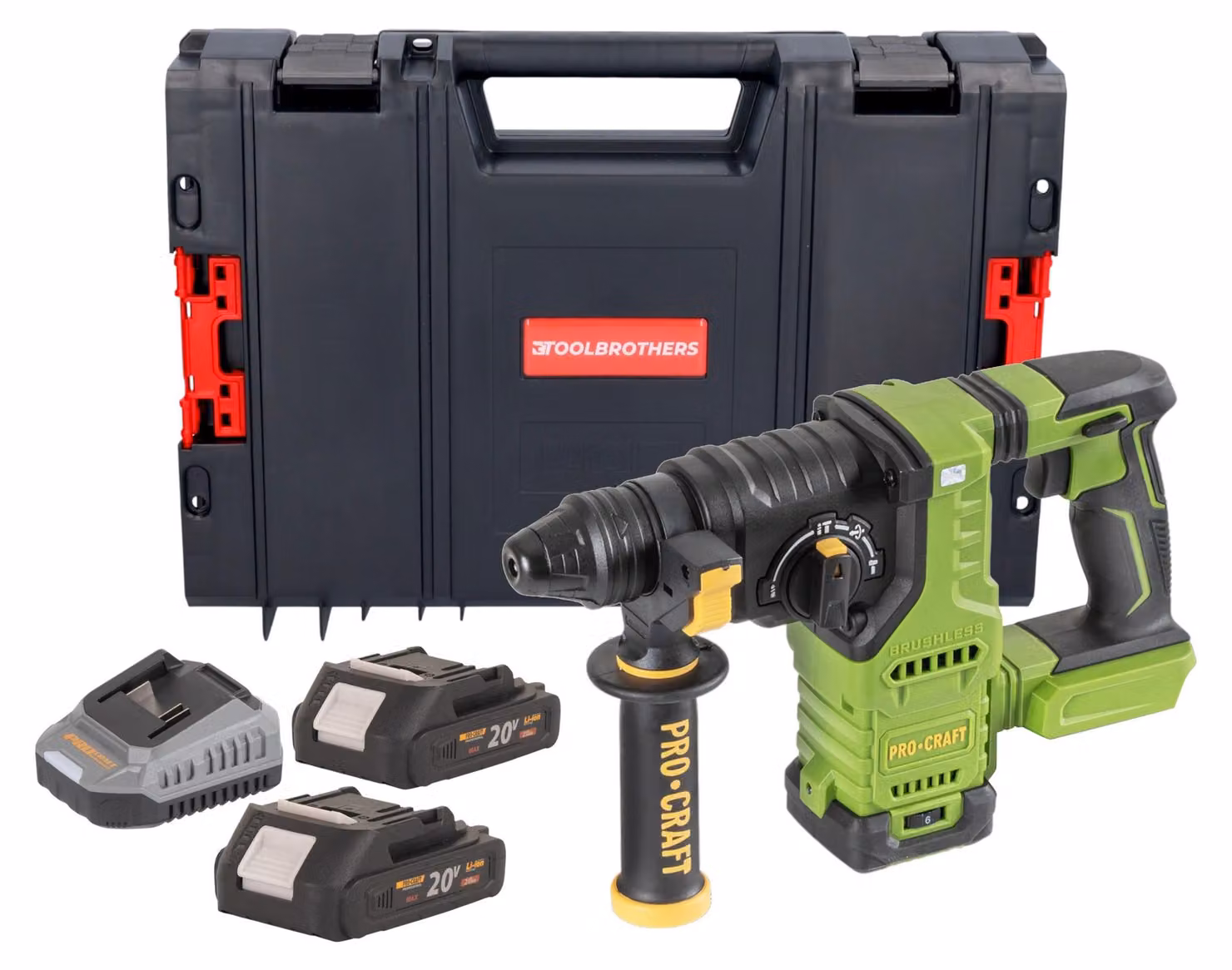 Procraft PHA30bb Trapano a percussione a batteria 20 V 2,8 J SDS plus Brushless + 2x batteria 2,0 Ah + caricabatteria + valigetta portautensili RHINO