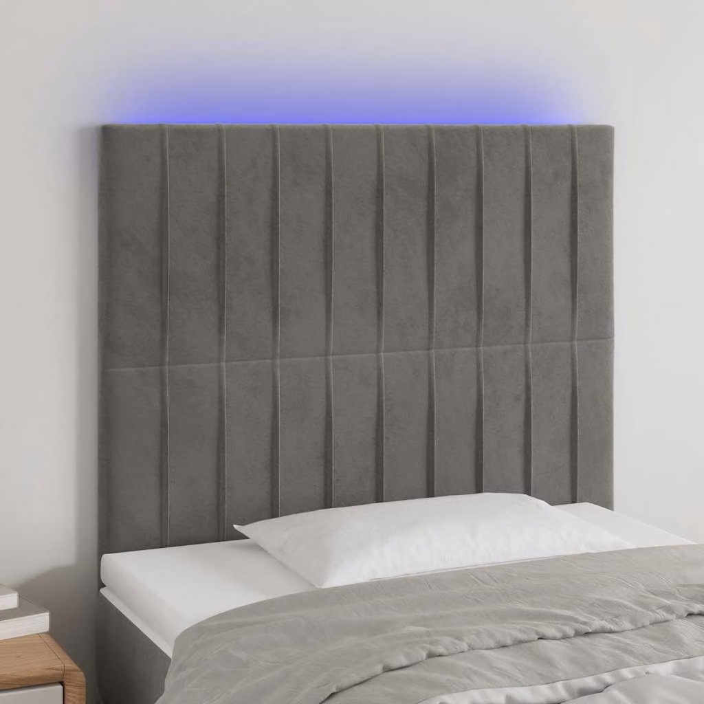 Testiera per letto vidaXL in velluto grigio con illuminazione LED integrata e porta di ricarica USB, L/P/H: 128 x 80 x 5 cm