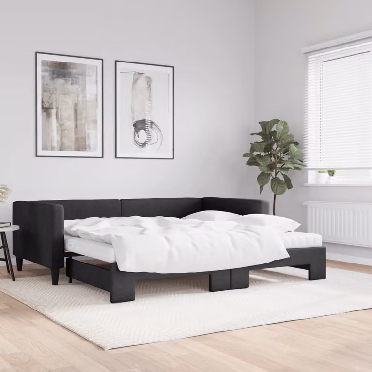 vidaXL Divano Letto Estraibile in Tessuto Nero con Materasso L/P/H: 223 x 100 x 68 cm