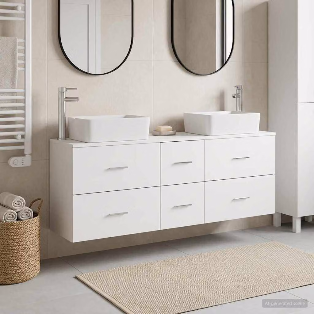 Set di 3 armadi da bagno moderni vidaXL in bianco, con mobile sottolavabo e pensili laterali, L 136 x P 35 x H 80 cm