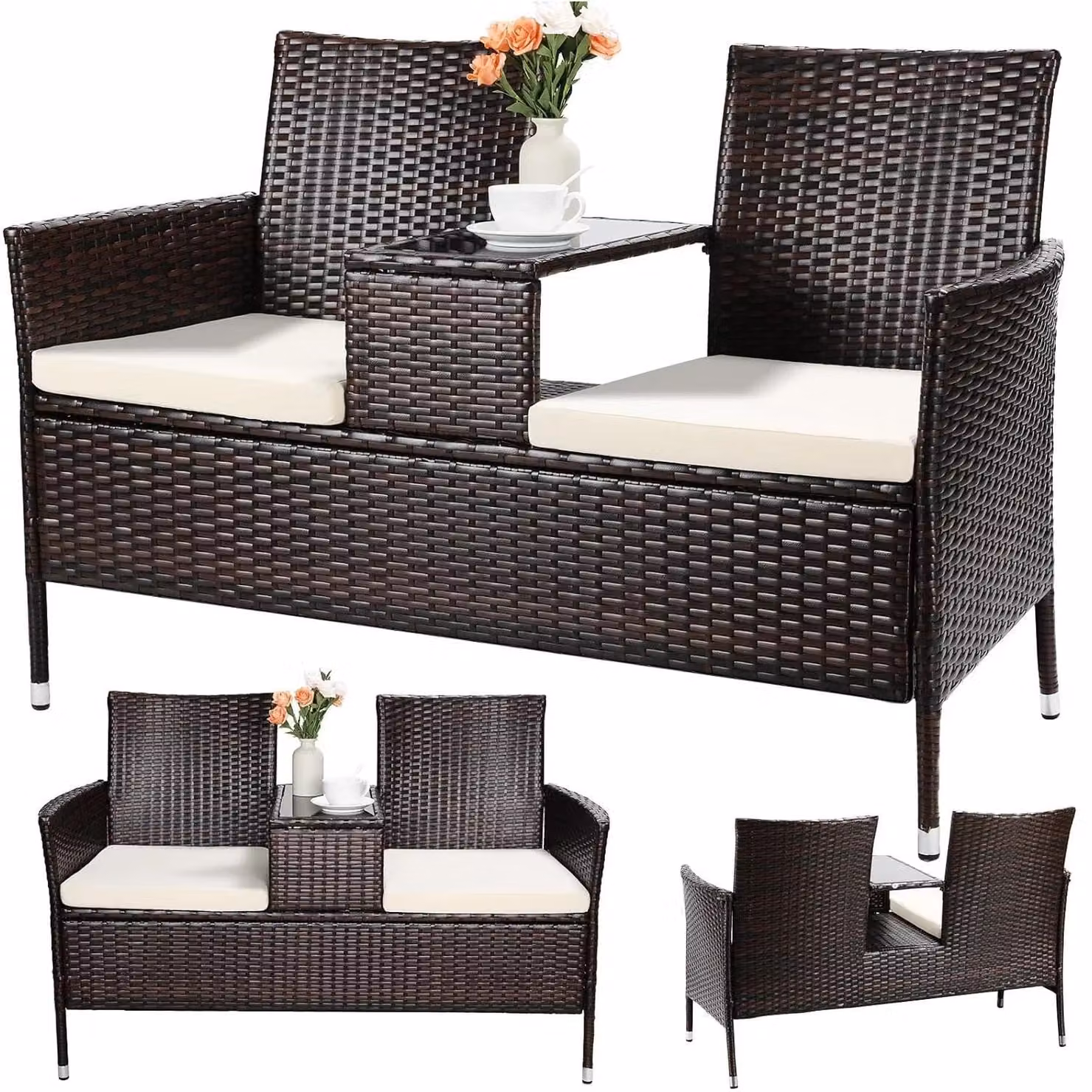 Set di mobili da giardino in rattan sintetico: divano da esterno a 2 posti con tavolino, struttura in metallo, cuscini lavabili, tavolino con piano in vetro temperato, colore marrone con cuscini beige
