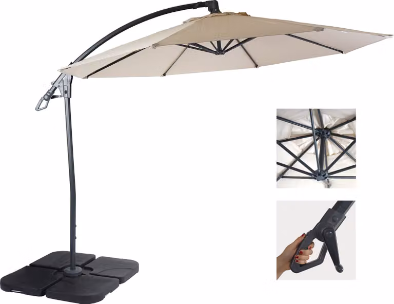Ombrellone Deluxe a sbalzo HWC-D14, ombrellone rotondo Ø 3m poliestere alluminio/acciaio 14kg ~ bianco panna con supporto