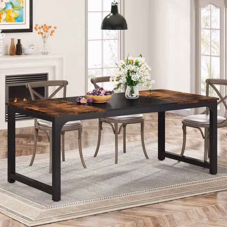 Tavolo da pranzo 160 x 80 cm, stile rustico, colore marrone, tavolo da cucina industriale, rettangolare, per 4-6 persone, con gambe in metallo