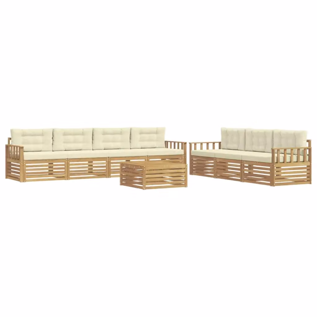 Set di mobili da giardino vidaXL a forma di U composto da 8 pezzi con divano a 3 posti, tavolino da caffè e cuscini in tessuto resistente ai raggi UV, colore bianco e beige, struttura in legno di acacia trattato – 2