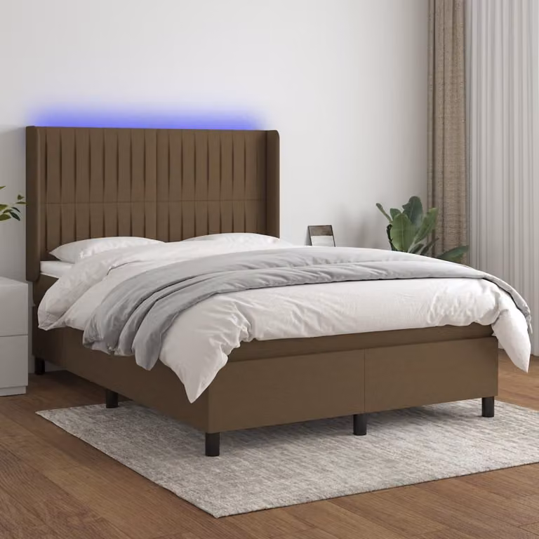 Letto a molle vidaXL con illuminazione LED e porta USB in tessuto marrone, L/P: 140 x 200 cm