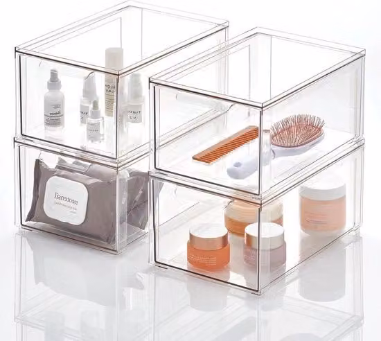 Scatola di makeup con coperchio trasparente in plastica per organizzare la stanza da bagno, 4 pezzi