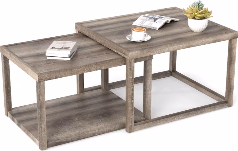 Set di 2 tavolini da caffè COSTWAY, tavolino da caffè con ripiano e struttura in legno di gomma, tavolino da salotto, tavolini d'accento, grigio