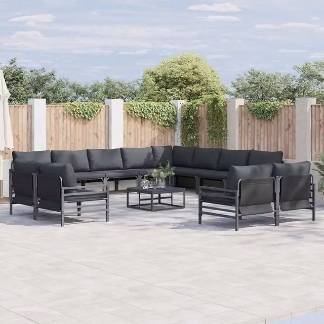 Set Divano da Giardino Moderno vidaXL a Forma a L con Tavolino e Cuscini, Acciaio Verniciato Antracite e Nero – 1