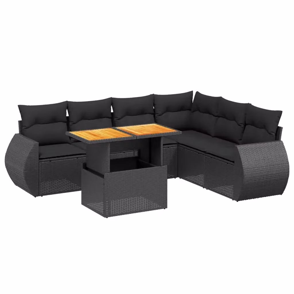 vidaXL Set Divano da Giardino a L con Cuscini 7pz Nero in Polyrattan e Legno di Acacia – 2