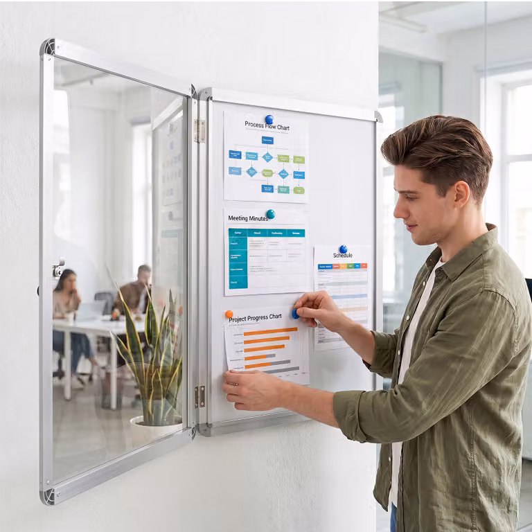 Bacheca magnetica da parete Costway con lavagna e pannello PET in alluminio, Bianco e Argento, L: 66 cm, H: 51 cm, P: 3,2 cm