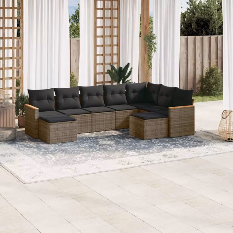 vidaXL Set Divano da Giardino 9 pz a L in Polyrattan Grigio con Cuscini e Ottoman