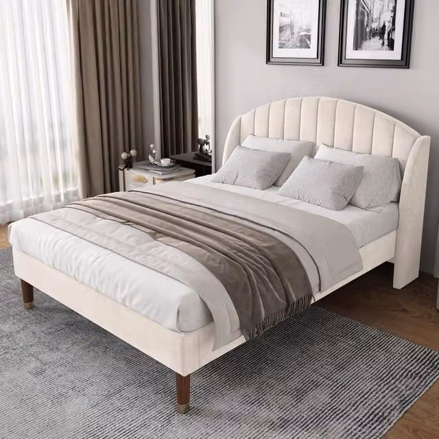 Letto imbottito 140 × 190 cm con rete a doghe in legno testiera alta in velluto beige portata massima 300 kg