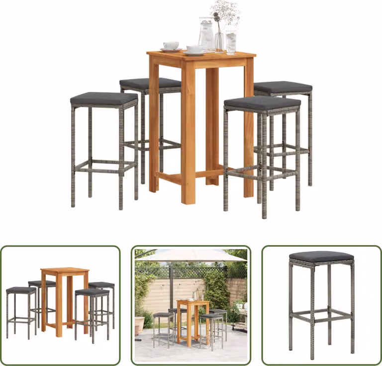 The Living Store Set bar da giardino 5 pezzi in legno massiccio di acacia e poly rattan grigio