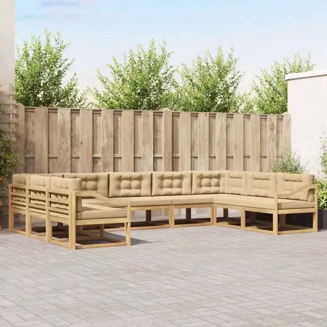 Set di divani da esterno a L vidaXL in legno di acacia con cuscini, Bianco e Beige