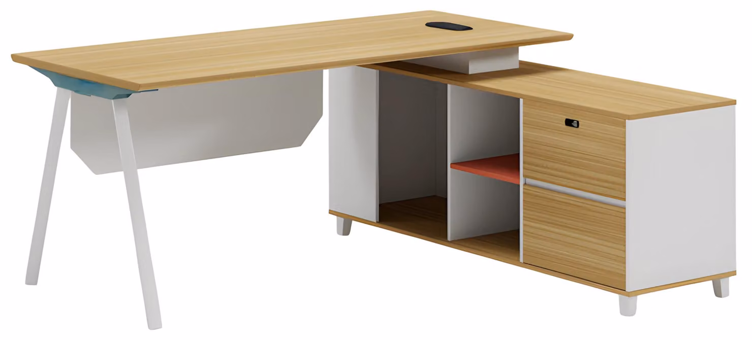 Moderner Bürotisch mit Stauraum und weißem Design Holzoptik und Ablagefach
