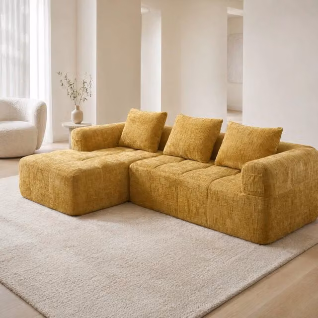 Divano angolare reversibile REDOM in tessuto giallo con cuscini L/P/H: 250 x 158 x 60 cm